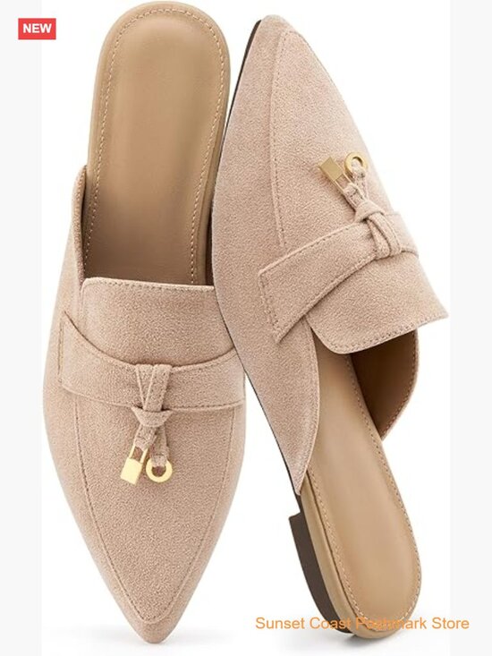 Shoes - Pointed Toe Backless Loafers Mules with Metal Buckle Faux Suede Slip On Flats